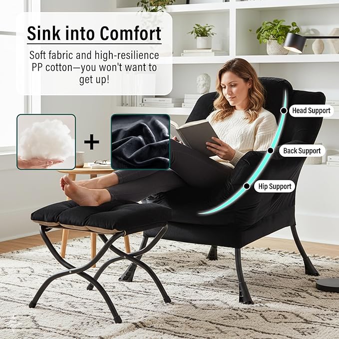 Lazy Chair with Ottoman, Modern Chair with Folding Footrest, Velvet Black Accent Chair, Comfortable Reading Chair, Oversized Armchairs for Bedroom, Study, Living Room, Courtyard