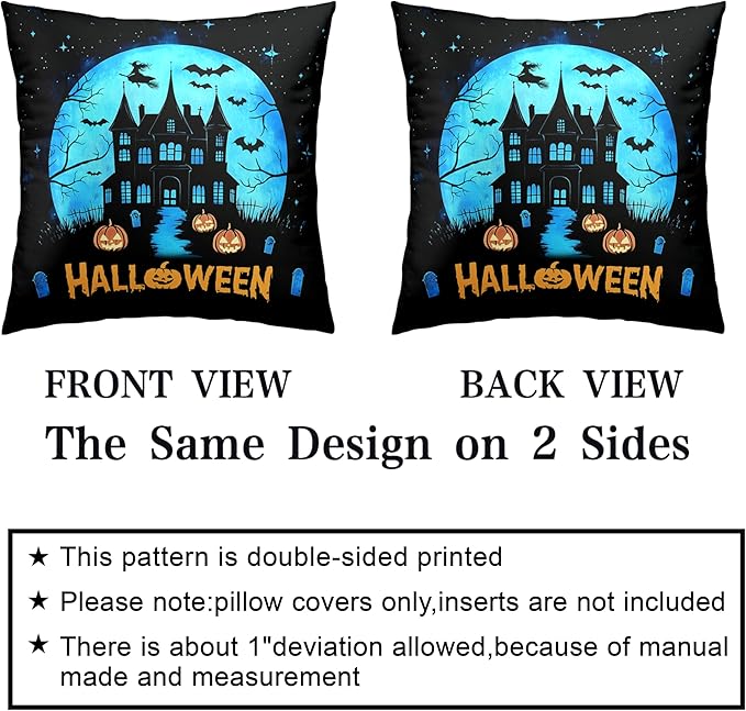 Halloween Pillow Covers 16x16 Set of 2 Witch Castle Throw Pillow Covers Horror Full Moon Night Pillow Case Bat Ghost Pumpkin Cushion Case for Holiday Party Home Decor Couch Sofa