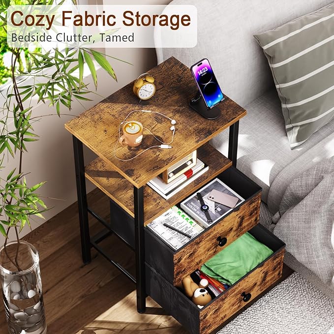 Night Stand for Bedroom, Nightstand with 2 Fabric Drawers, Small Bed Side Table Table with Open Storage Shelf for Living Room, Rustic Brown, HETS002BR-1