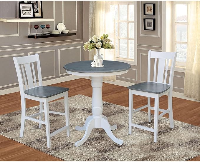IC INTERNATIONAL CONCEPTS 30" Round Solid Wood Gray Table with 2 San Remo Counter Stools