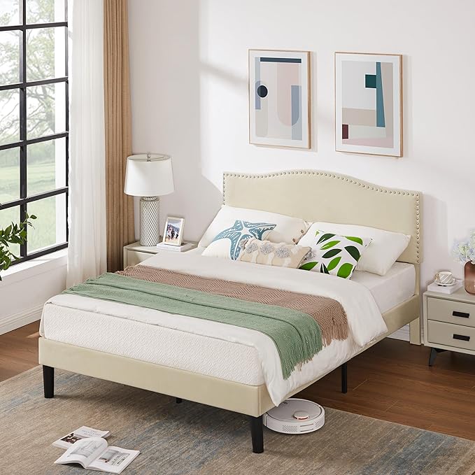 VECELO Queen Bed Frame, Platform Bed Frame with Adjustable Height Upholstered Headboard, Heavy-Duty Frames and Strong Wooden Slats Support, Non-Slip and Noise-Free, Easy Assembly, Beige