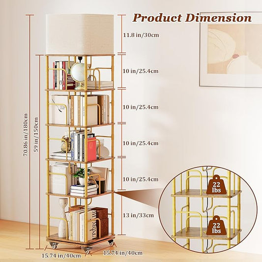 5 Tier Rotating Bookshelf with LED Light 360° Swivel Bookcase with Wheels Space-Saving Tall Corner Shelf Square Floor Standing Shelf Metal and Wood Bookshelves for Bedroom Living Room Office