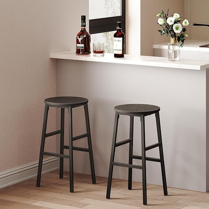 Bar Stools, Set of 2 Round Bar Chairs with Footrest, 24.4 Inch Kitchen Breakfast Bar Stools, Industrial Bar Stools, Easy Assembly, for Dining Room, Kitchen, Black BAHB0201 (Pack of 3)