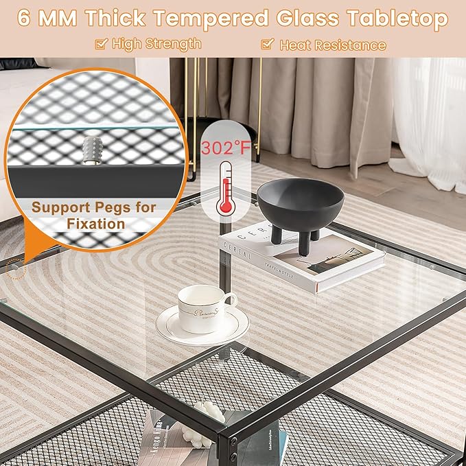 Giantex 27.5" Square Coffee Table - Tempered Glass Center Table w/Bottom Storage Shelf & Metal Frame, Modern Accent Table for Small Space, Living Room, Home, Office (2-Tier, Transparent)
