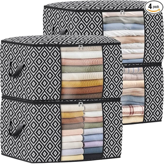 Direct 100L, 4 Pack, Storage Containers, Large Clothes Storage Bins Foldable Organization and Storage Bags with Reinforced Handle, Clear Window for Bedding, Blankets, Clothing, Black