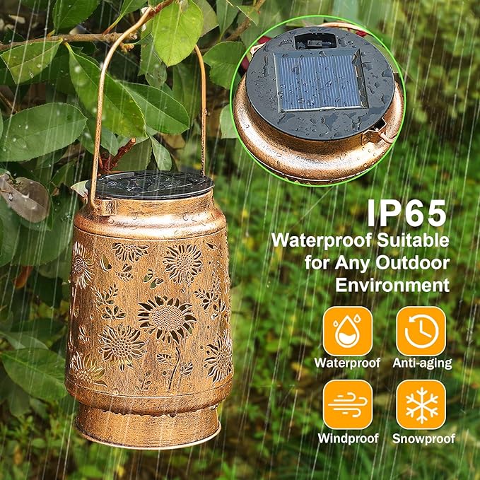 Sunflower Solar Lanterns Outdoor Waterproof, Gifts for Women Mom Grandma Birthday, Metal Hanging Lantern Solar Lights LED Decoration with Shepherd Hook Outside for Yard, Patio, Porch, Garden Decor