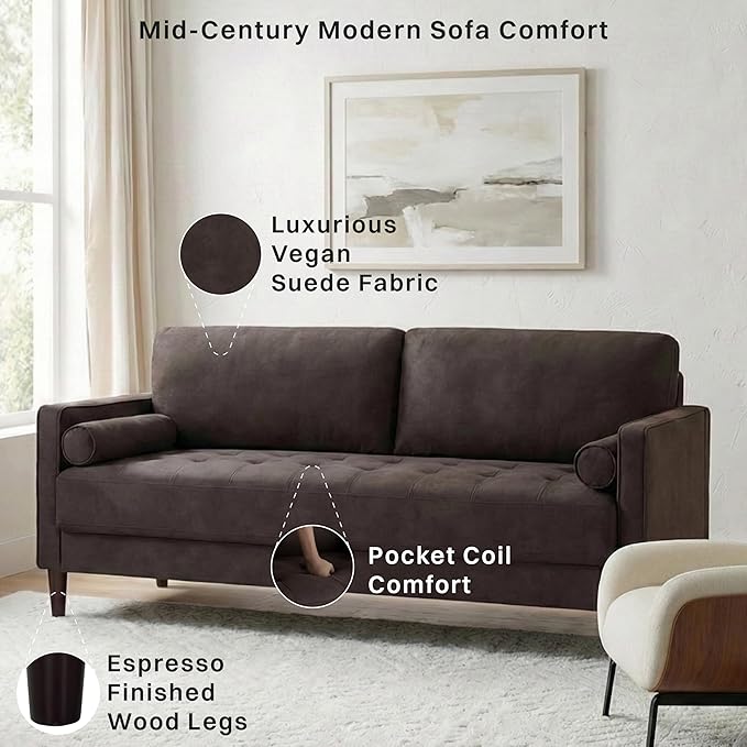 Studio Living® Lexington 75.6" Sofa, Modern Design, Pocket Coil Comfort, Easy Assembly, Faux-Suede Fabric, Charcoal
