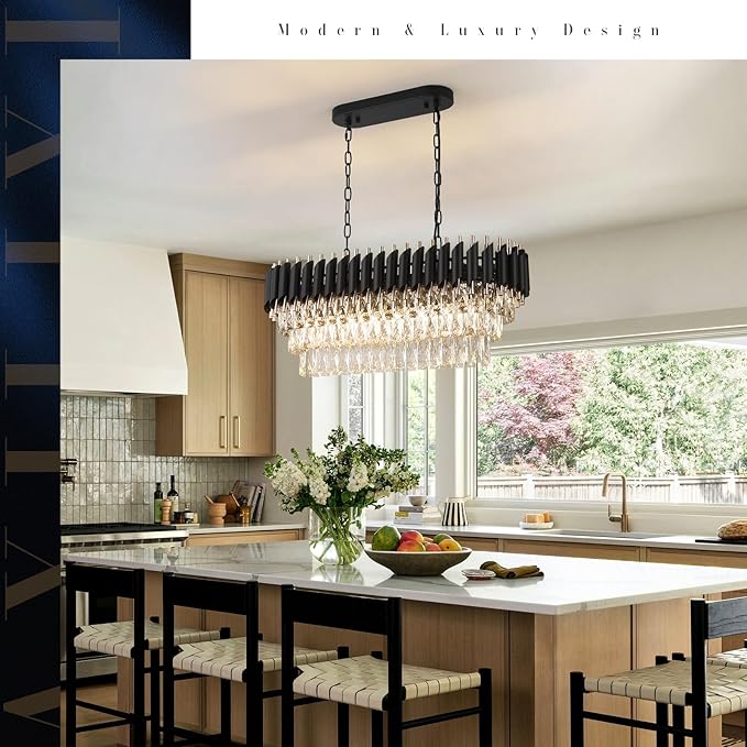 Modern Rectangular Chandelier Black and Gold Crystal Chandeliers for Dining Room Linear Ceiling Pendant Light Long 32” Luxury Oval Chandelier 8 Lights for Kitchen Island Living Room