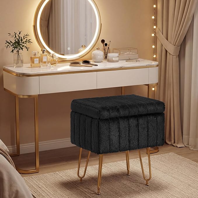 DUMOS Vanity Stool Chair with Storage, Small Ottoman Faux Fur Soft Padded Footstools Seat with 4 Metal Legs Anti-Slip Adjustable Feet Modern Footrest for Home Entryway Bedroom Makeup Black