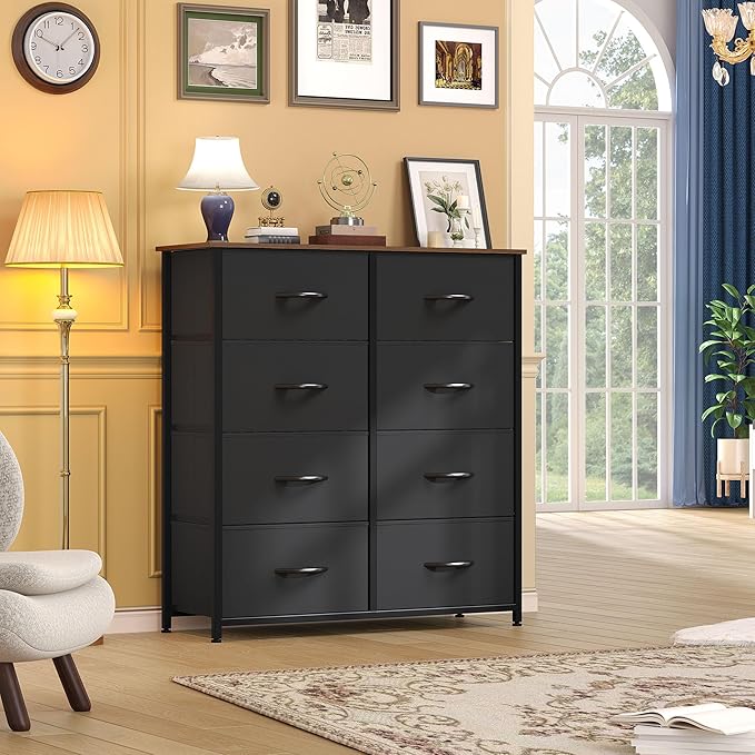 DWVO Dresser for Bedroom, Fabric Dresser with 8 Drawers, Tall Double Drawer Chest of Drawers for Closet, Living Room, Sturdy Steel Frame, Wooden Top, Easy Pull Handle