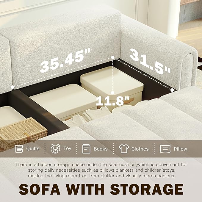 KEIKI 90.2" 4-Seater Modern Convertible Sofa Bed – Teddy Fabric Couch with Storage Seats, King Size 3-in-1 Sleeper Sofa for Living Room, Recliner Couch, Comfortable Sofa Bed for Families & Guests