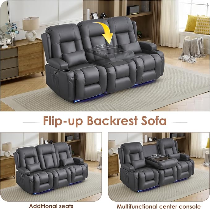 TUNYI Wall Hugger Loveseat Recliner Sofa with Console, Power Reclining Loveseat RV Couch with Massage & Heat/USB/Outlet/Storage/LED Light/Speaker (Light Grey, 3 Seat)