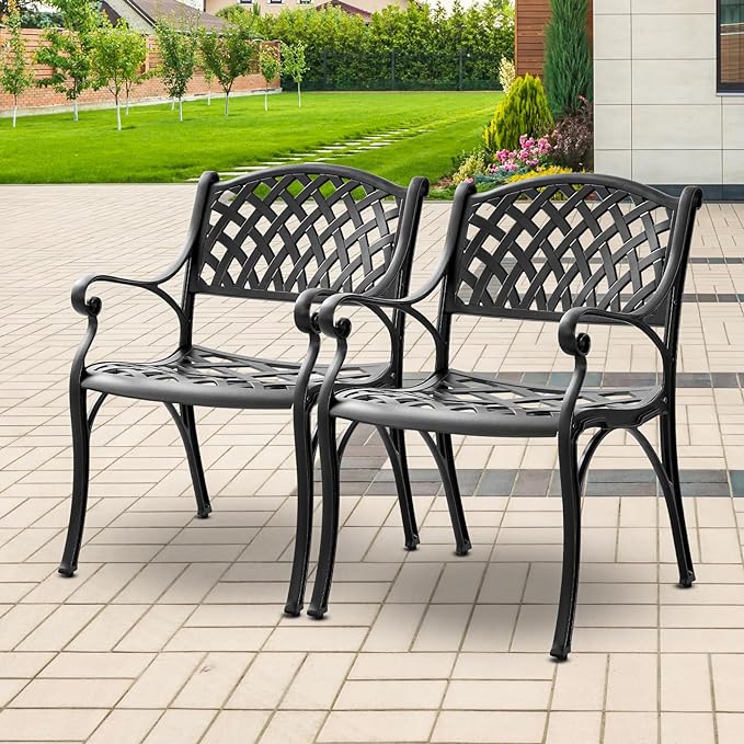 2 Piece Outdoor Cast Aluminum Dinning Chairs, Patio Bistro Chair Set with Armrests, Patio Dinning Chairs for Patio Furniture Garden Deck (Black)