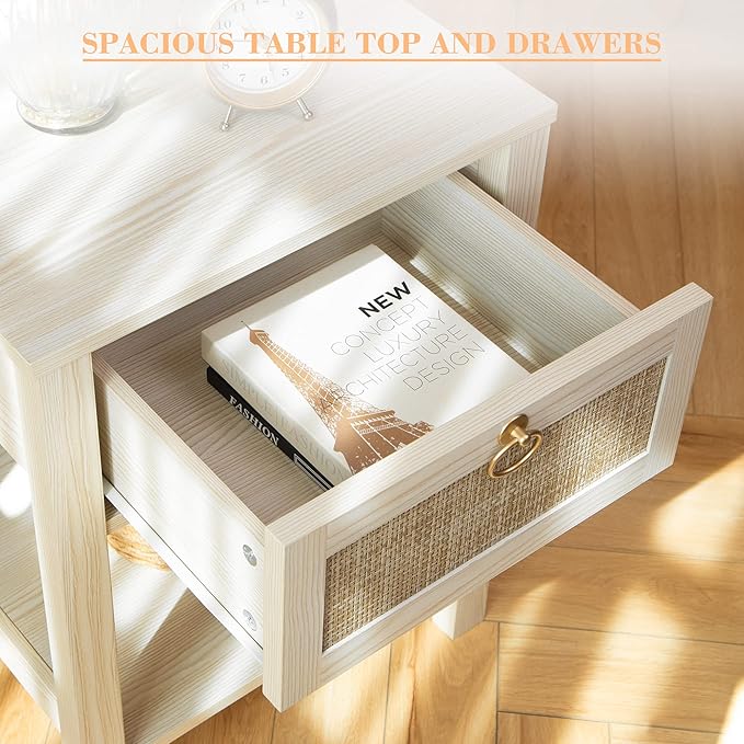 SICOTAS White Nightstand Set of 2,Rattan Decor Drawer with Brass Knobs Night Stand Bedside Table Boho End Tables Side Tables with Storage Shelf for Bedroom,Small Space