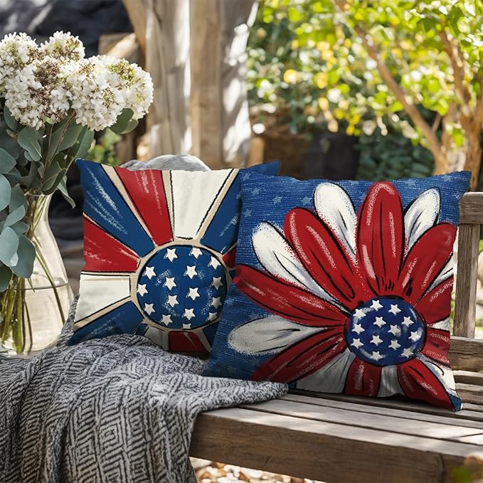 4th of July Outdoor Pillow Covers 16x16 Set of 2 Patriotic Stars Fireworks Throw Pillow Covers Independence Memorial Day Red White Flower Decorative Cushion Cases for Couch Sofa