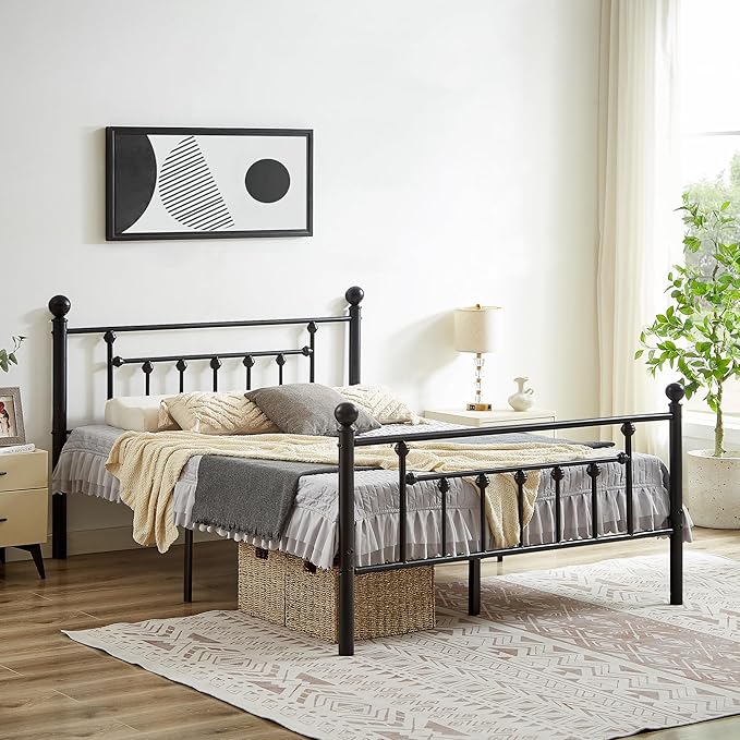 VECELO Queen Size Metal Platform Bed Frame with Headboard,No Box Spring Needed/Mattress Fundation/Victorian Vintage Style