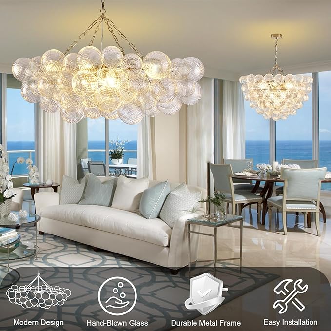 51" Large Gold Bubble Chandelier, 9-Light Modern Hand Blown Glass Chandelier Light Fixture, Rectangle Chandeliers for Dining Room Living Room Kitchen Island Foyer Entryway(Brush Brass Finish)