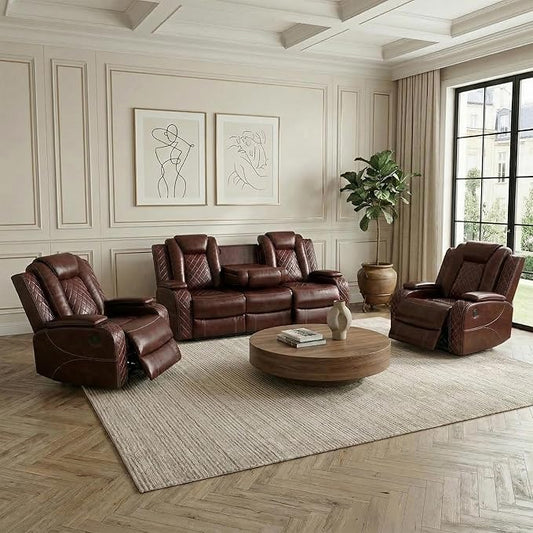 Power Recliner Sofa and 2 Chairs, Air Leather Reclining Set with LED/Cup Holders/Storage, 3 Pieces Reclining Living Room Furniture, Burgundy Leather Couches for House/Apartment/Office