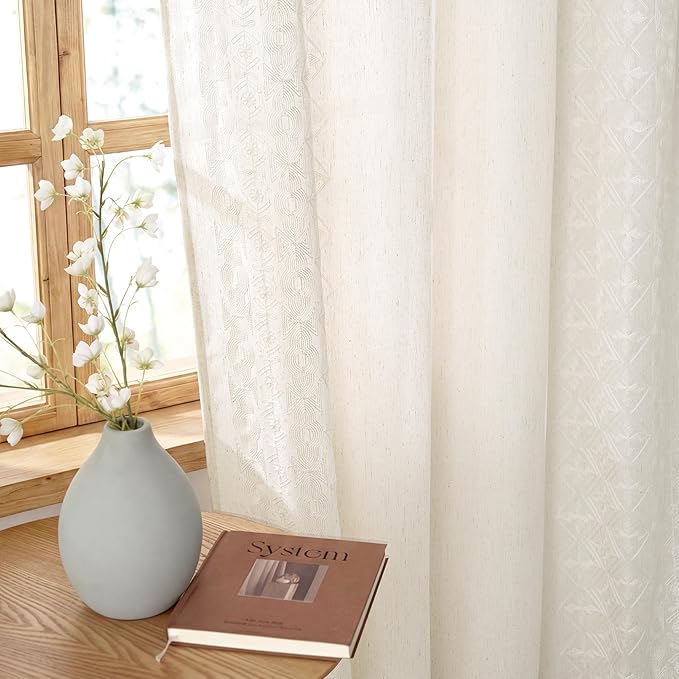 NICETOWN Ivory White Embroidered Trim Cream Linen Curtains 90 inch Long, Farmhouse Drapes for Dining Room, Light Filtering Bronze Grommet Top Vintage Botanical Patterned Panels, W52 x L90, 1 Pair