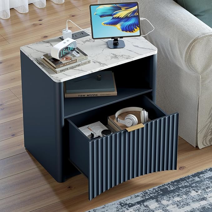 Evermagin Fluted Nightstand with Charging Station, Navy Blue Bedside Table with Drawer and Storage, Wood End Table Mid Century Modern, Large Night Stand for Bedroom