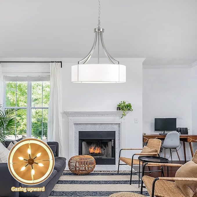 20" Modern Nickel Farmhouse Drum Chandeliers for Dining Room, 6-Light Rustic Drum Pendant Light with White Fabric Shade, Hanging Light Fixture for Living Room Bedroom Foyer Kitchen Island Entryway