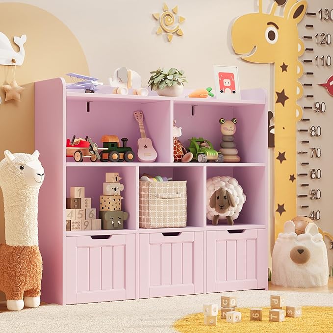 Gizoon Toy Storage Cabinet and Kids Bookcase with 3 Movable Drawers and 6 Open Shelves Featuring Fall Prevention Barrier for Playroom Nursery Kids Room Organization, Pink