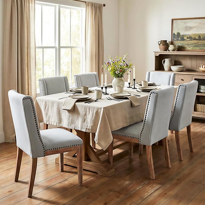 Dining Chair Set of 6, Upholstered Fabric Kitchen Side Chairs with Solid Wood Legs, Comfortable Seating for Kitchen, Dining Room & Restaurant, Grey