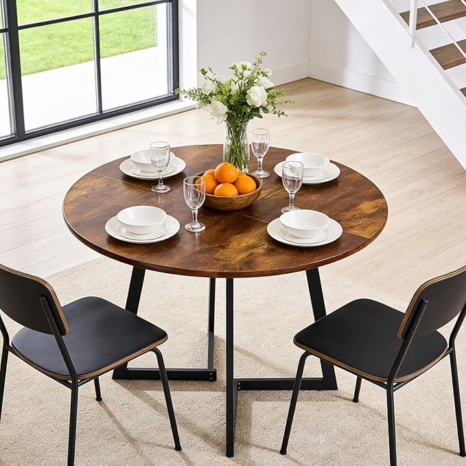 Karl home 35.4in Small Dining Table, Round Dining Table with Wood Finish Wing-Shaped Steel Legs, Circle Dinner Tables for Small Space, Apartment, Office, Kitchen, for 2 to 4 Person-Rustic Brown