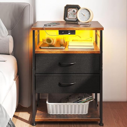 AODK Night Stand with Charging Station and LED Lights, 27.6 Inch Bed Side Table with 2 Drawers and Open Shelf, Bedside Table for Bedroom, Living Room, Vintage & Black