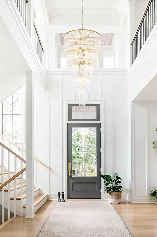 25 Light Staircase Crystal Chandeliers H49 W27.5 Modern Contemporary Elegant 5-Tier K9 Crystal Glass Chandelier Pendant Ceiling Lighting Fixture for Entryway
