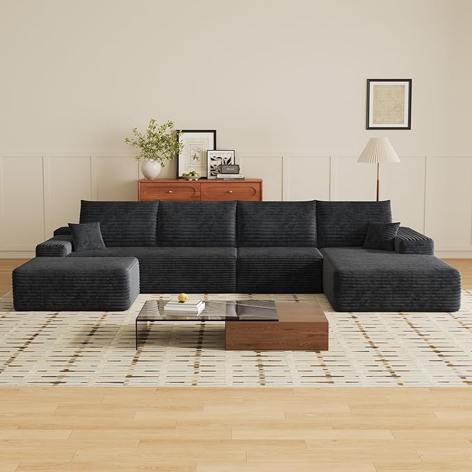 135" U Shaped Boneless Couch with Ottoman, Convertible Sleeper Compression Sofa, Corduroy Couch Sectional for Living Room Bedroom, Deep Seat Foam Cloud Sofas No Assembly, Right Facing Chaise, Black