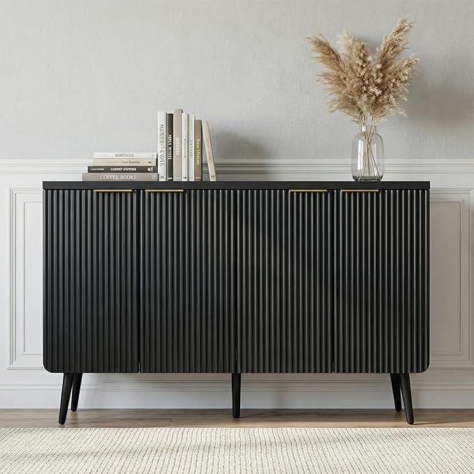 FONTOI 47.2" Wood Fluted Buffet Cabinet with 4 Doors & Storage - Multifunctional Kitchen Sideboard Credenza for Living Room & Entryway, Black