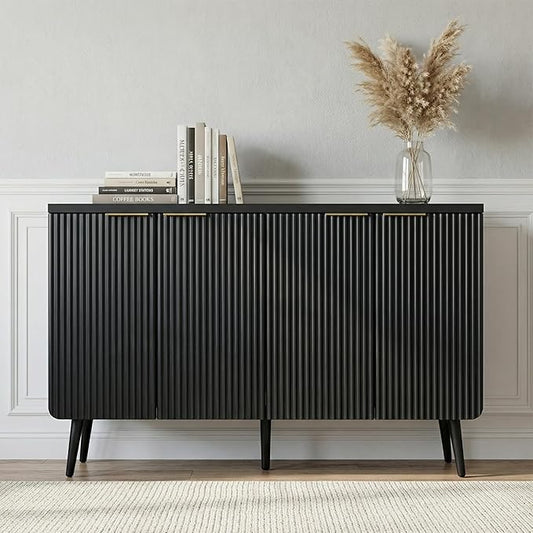 FONTOI 47.2" Wood Fluted Buffet Cabinet with 4 Doors & Storage - Multifunctional Kitchen Sideboard Credenza for Living Room & Entryway, Black