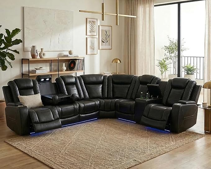 Power Recliner Sectional Sofa with LED, Breathing Leather Sectional Reclining Couch, L Shaped Couch with Dual Recliners, USB Port, Cup Holder&Armrest Storage for Living Room (Black Pro)