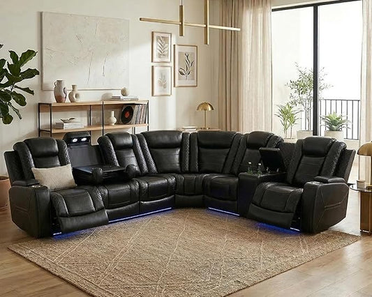Power Recliner Sectional Sofa with LED, Breathing Leather Sectional Reclining Couch, L Shaped Couch with Dual Recliners, USB Port, Cup Holder&Armrest Storage for Living Room (Black Pro)