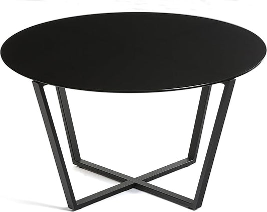 Mango Steam Round Metro Glass Coffee Table for Living Room & Dining Room - Black Top/Black Base