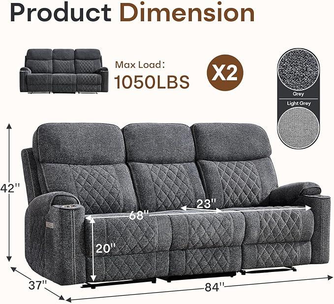 HAOMARKETS Power Oversized Reclining Sofa Couch Set of 2 with Cup Holders, Breathable Fabric 3-Seater Electric Recliner Couches with USB and Type-C Charging Ports for Living Room, Dark Grey