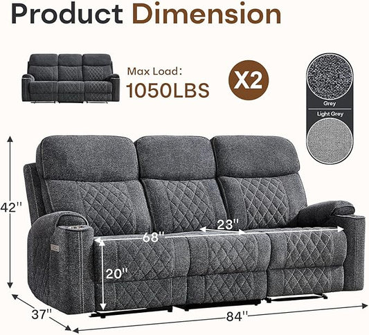 HAOMARKETS Power Oversized Reclining Sofa Couch Set of 2 with Cup Holders, Breathable Fabric 3-Seater Electric Recliner Couches with USB and Type-C Charging Ports for Living Room, Dark Grey