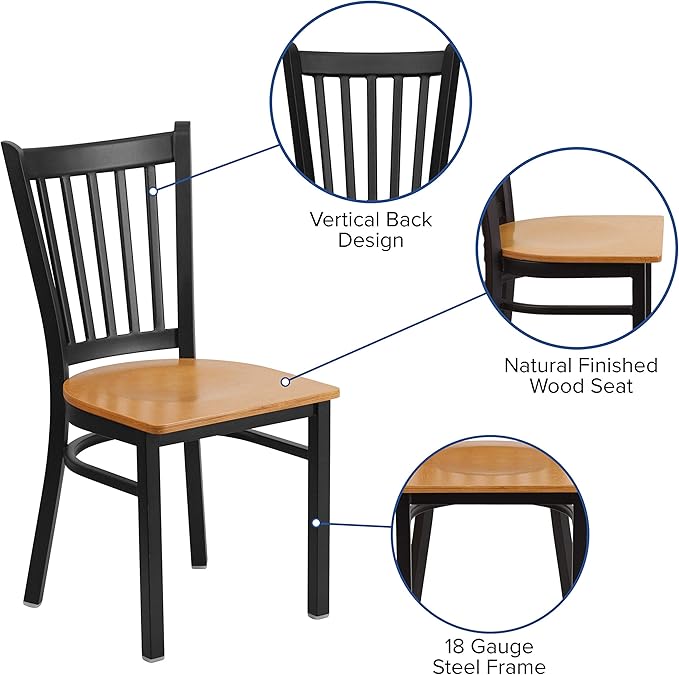 Flash Furniture HERCULES Series Black Vertical Back Metal Restaurant Chair - Natural Wood Seat