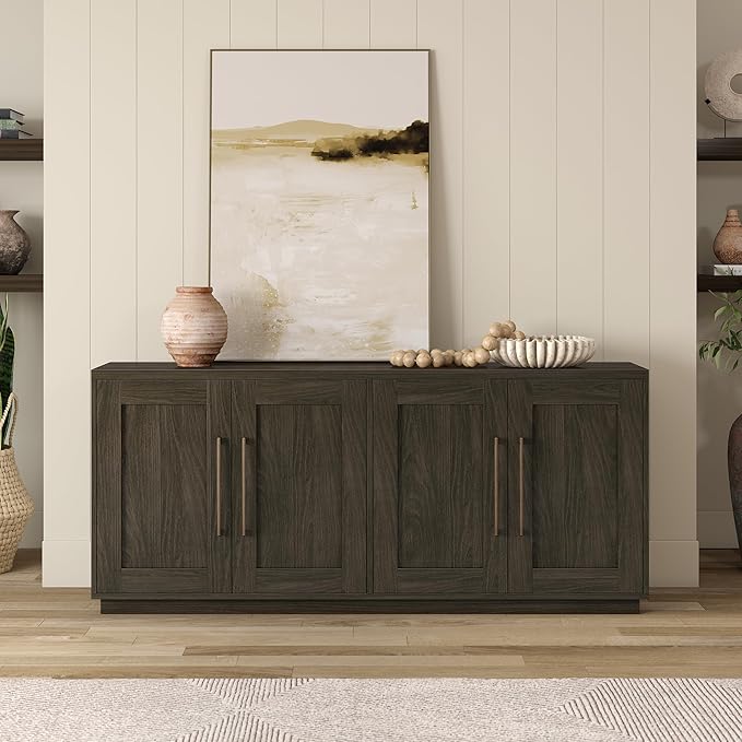 Henn&Hart 68" Sideboard Buffet Cabinet, Modern Credenza with 4 Panel Doors, Adjustable Shelves, and Cable Management Cut-Outs for Dining Room, Kitchen, Living Room or Entryway, Warm Brown