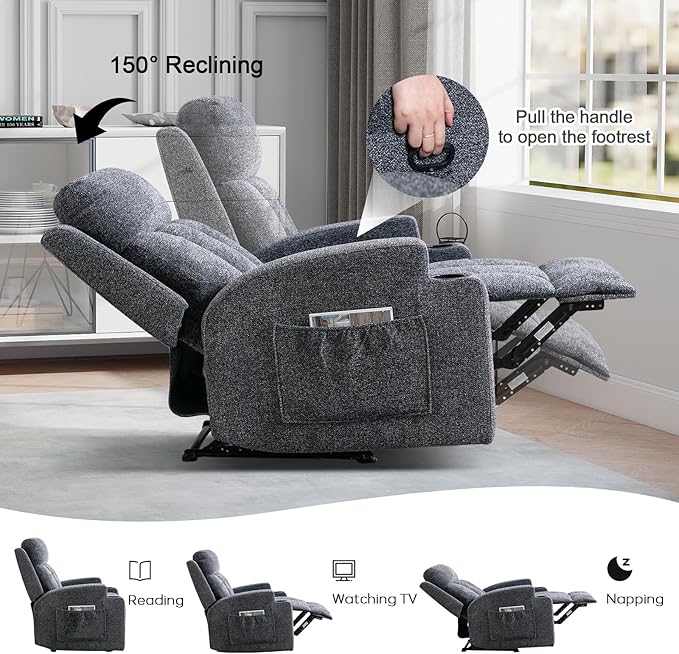 CANMOV Manual Massage Heat Recliner Chair Set of 2, Soft Fabric Recliner Chair with Overstuffed Arm and Back, Manual Reclining Single Sofa with 2 Cup Holders, Side Pocket for Living Room, Dark Grey