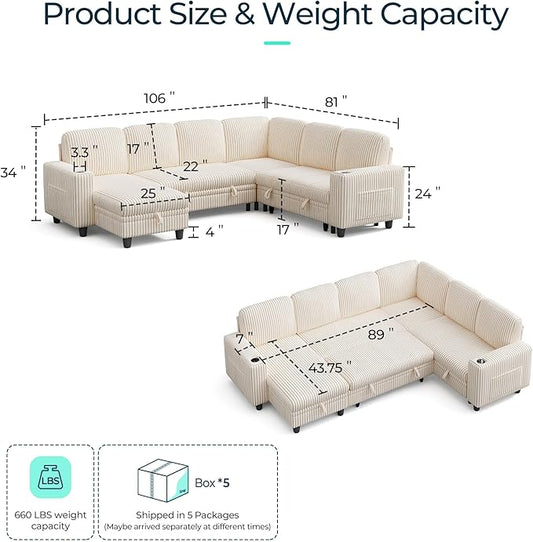 LINSY HOME Sectional Sofa with Pull Out Bed, 6 Seats Corduroy Reversible Sleeper Sofa with Storage Seats & Chaises, USB Ports, Cup Holders, Side Pocket, Sectional Couches for Living Room, Beige | Plush corduroy, Pull out couch, Foam, Sturdy structure