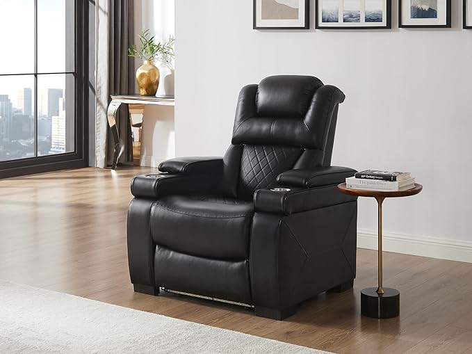 THSUPER Power Breathable Leather Reclining Chair with 7-Color LED Light, Living Room Recliner Chair with Adjustable Headrest/USB Port/Cup Holder/Storage Arm for Living Room, Black