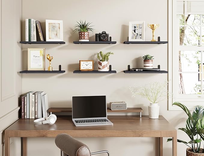 Fixwal Black Wall Floating Shelves for Bedroom, Shelves for Room Wall Set of 6, Wall Mounted Shelf for Bathroom, Kitchen and Living Room Storage- Black