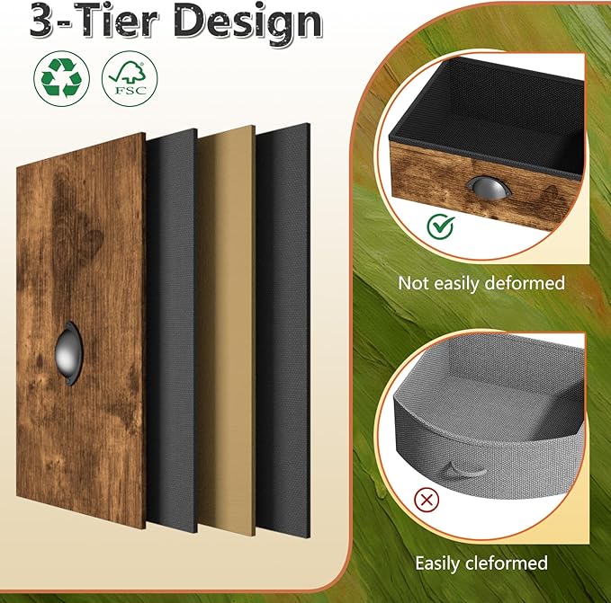 Night Stand with 3 Fabric Drawer and Sturdy Metal Frame, Modern Side Table Lightweight & Durable -55LB Load Capacity, Wear-Resistant & Easy-Clean Surface,Rustic Brown