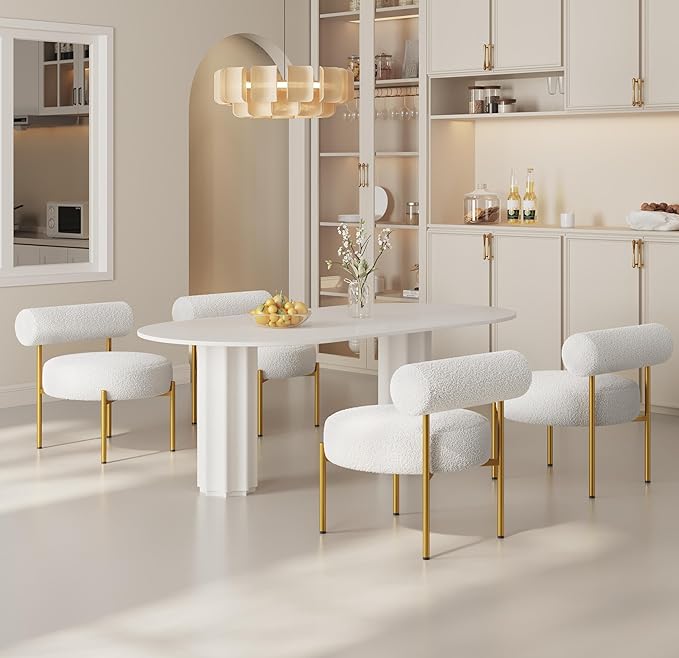 Yaheetech Boucle Accent Chair, Modern Tufted Vanity Chair, Cozy Sherpa Barrel Chair with Gold Legs, Club Chair for Living Room Bedroom Vanity Room Home Office, 2pcs, White