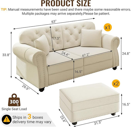 KEIKI 63" Velvet Chesterfield Sofa with Rolled Arms & Nailhead Trim & 2 Ottoman, Modern 2-Seater Button Tufted Couch with High Resilience Cushion & 2 Pillow, Easy Assembly, for Living Room, White