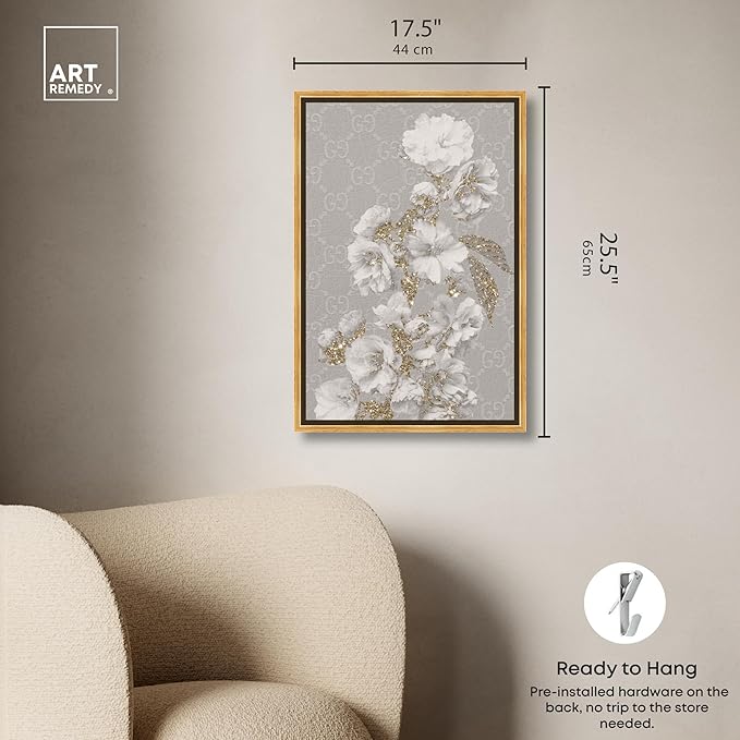 Art Remedy Floral in Classic Fashion Canvas Delicate Farmhouse Wall Art, Gold Frame, 16" x 24"