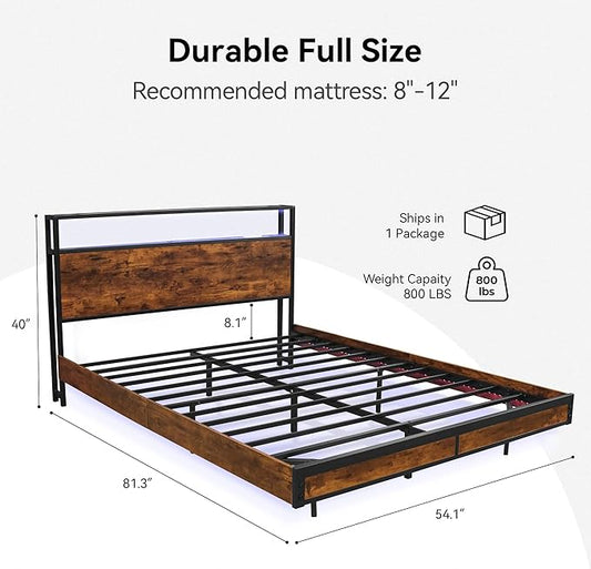 BedsPick Full Bed Frame with 2-Tier Storage Headboard, Metal Platform Full Size Bed Frame with Smart LED Lights & USB Charging Station, Noise-Free/Metal Support/No Box Spring Needed, Brown