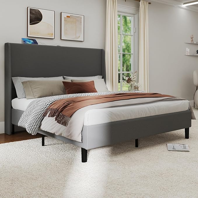 GTPLAYER King Size Bed Frame, Upholstered Platform Bed Frame with USB Type-C Tall Headboard Wingback, Soft Velvet Fabric, No Box Spring Needed, Easy Assembly, Misty Grey